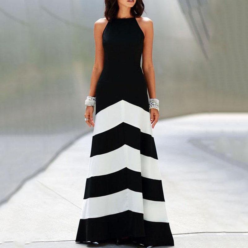 New Backless Color Block Wave Stripe Sleeveless Maxi Dresses.MC