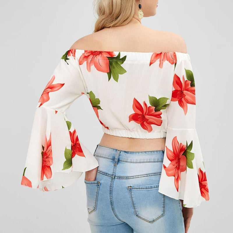 Flare Sleeve Off Shoulder Floral Blouse