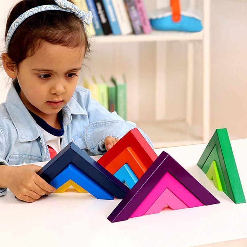 Creative Nesting Wooden Rainbow Stacking Game Geometry Building Blocks