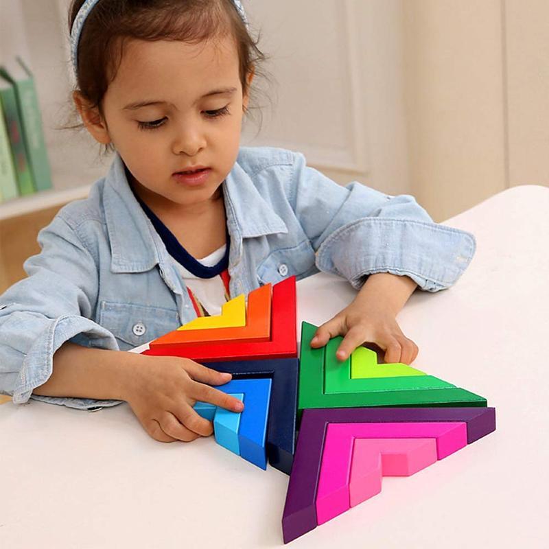 Creative Nesting Wooden Rainbow Stacking Game Geometry Building Blocks