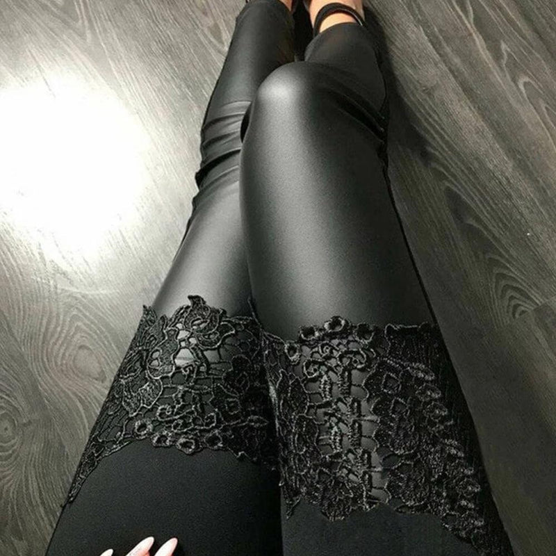 Womens Leggings With Lace Embroidery PU Elastic Long Pants