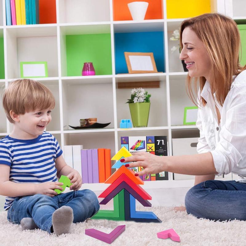 Creative Nesting Wooden Rainbow Stacking Game Geometry Building Blocks