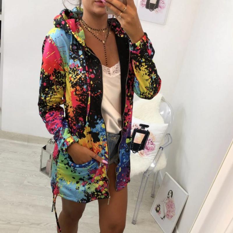 Womens Tie dyeing Print Feminino Casual Pockets Overcoat