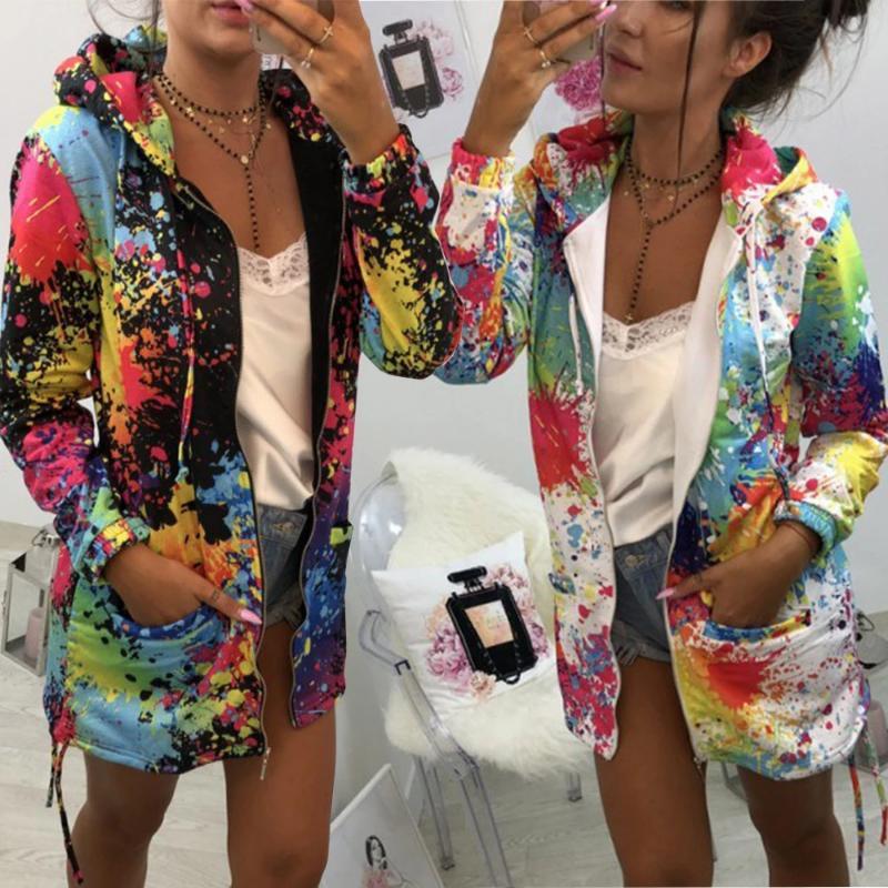 Womens Tie dyeing Print Feminino Casual Pockets Overcoat